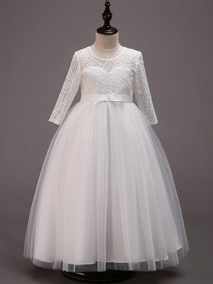 ISANNA|Charming Bow Lace Flower Girl Dress with Long Sleeves