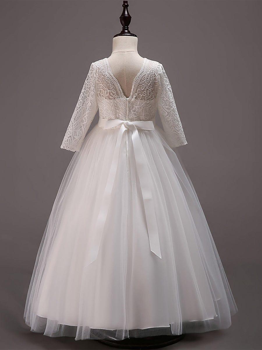 ISANNA|Charming Bow Lace Flower Girl Dress with Long Sleeves