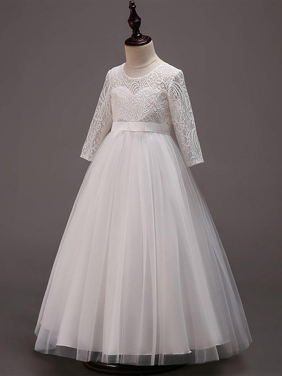 ISANNA|Charming Bow Lace Flower Girl Dress with Long Sleeves