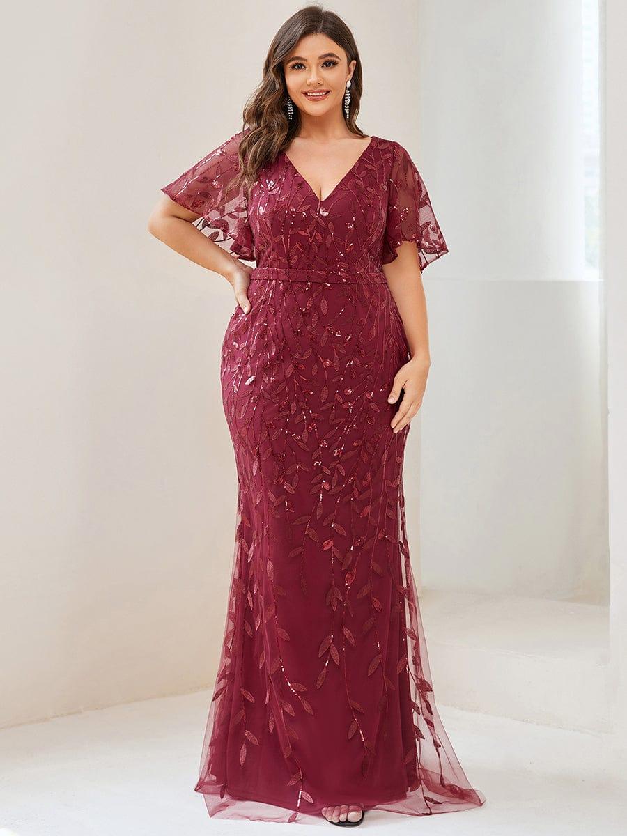 pretty DIONE|Fashion Plus Size V Neck Mermaid Sequin & Tulle Evening Dress