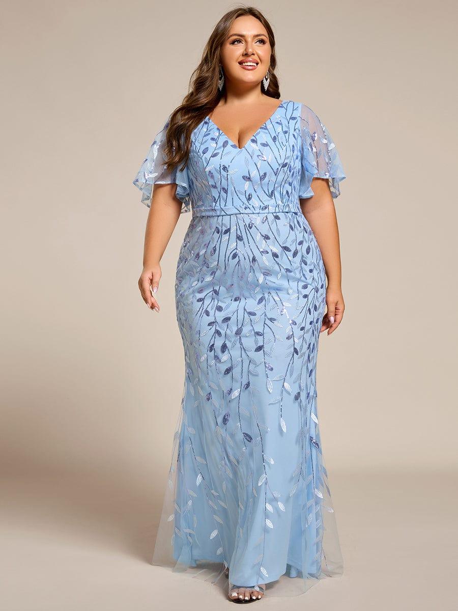 pretty DIONE|Fashion Plus Size V Neck Mermaid Sequin & Tulle Evening Dress