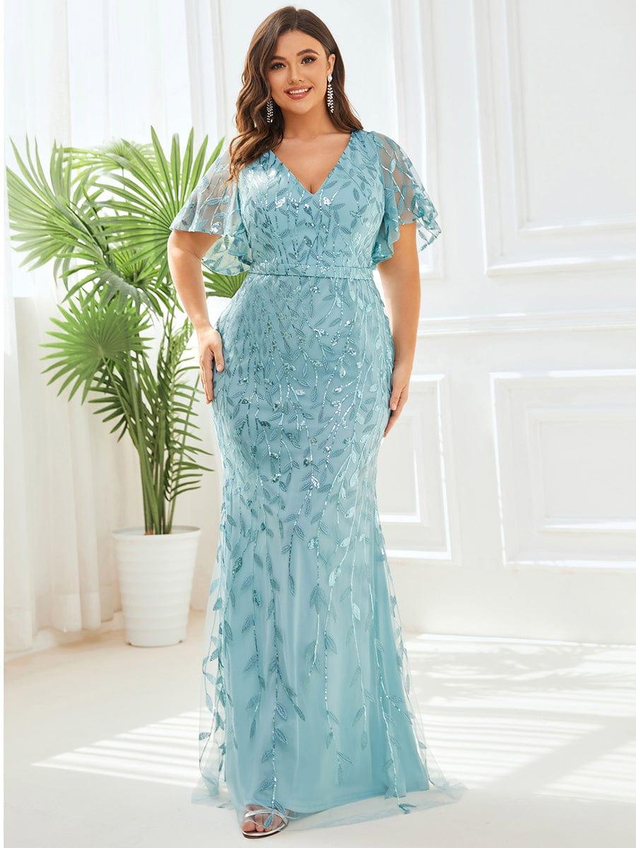 pretty DIONE|Fashion Plus Size V Neck Mermaid Sequin & Tulle Evening Dress