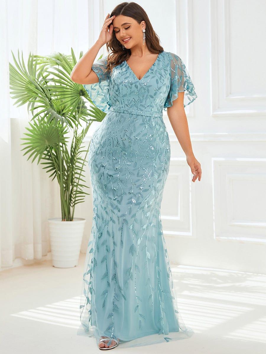 pretty DIONE|Fashion Plus Size V Neck Mermaid Sequin & Tulle Evening Dress