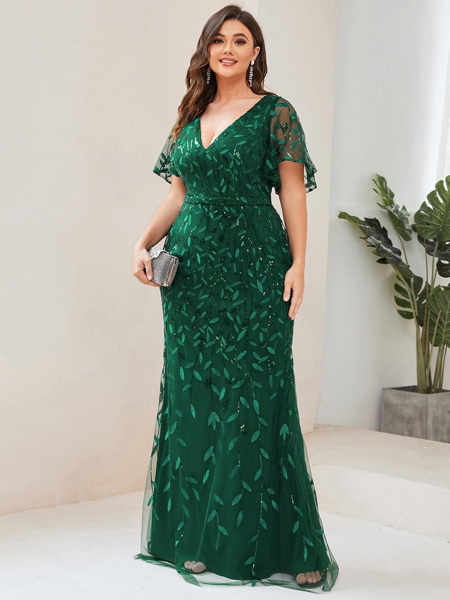 pretty DIONE|Fashion Plus Size V Neck Mermaid Sequin & Tulle Evening Dress
