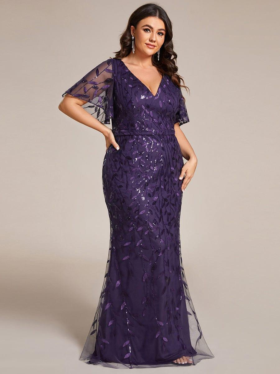 pretty DIONE|Fashion Plus Size V Neck Mermaid Sequin & Tulle Evening Dress