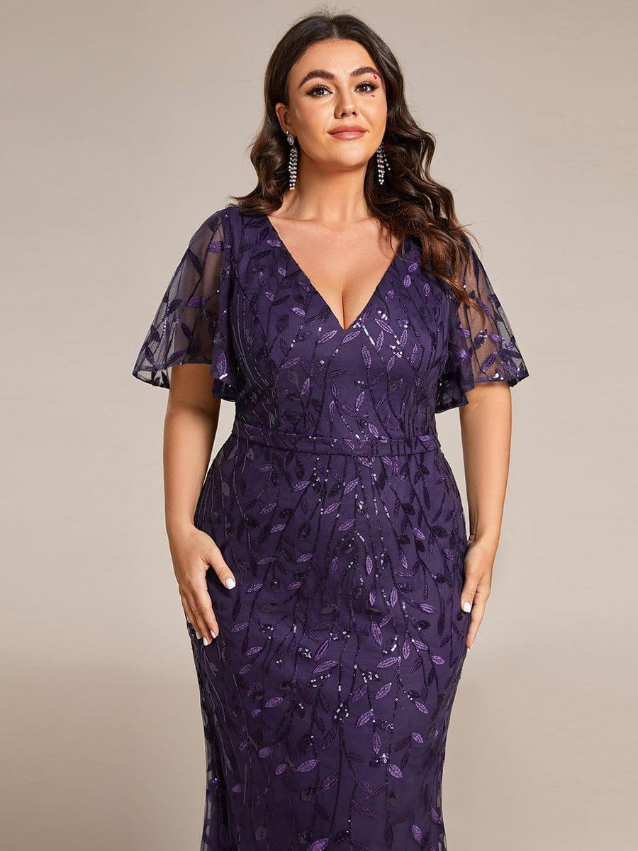 pretty DIONE|Fashion Plus Size V Neck Mermaid Sequin & Tulle Evening Dress