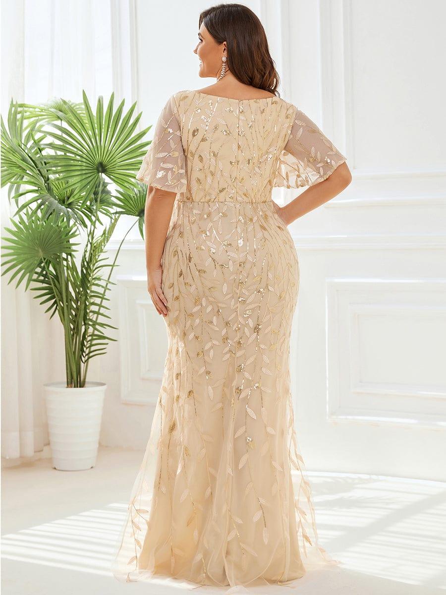 pretty DIONE|Fashion Plus Size V Neck Mermaid Sequin & Tulle Evening Dress