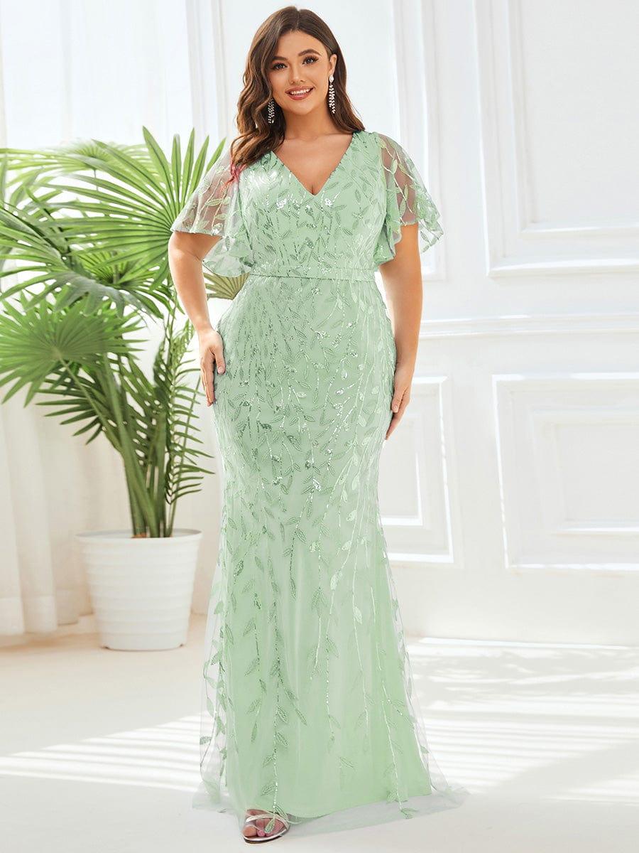pretty DIONE|Fashion Plus Size V Neck Mermaid Sequin & Tulle Evening Dress