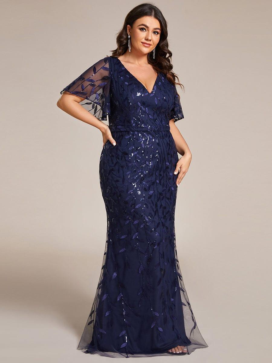 pretty DIONE|Fashion Plus Size V Neck Mermaid Sequin & Tulle Evening Dress
