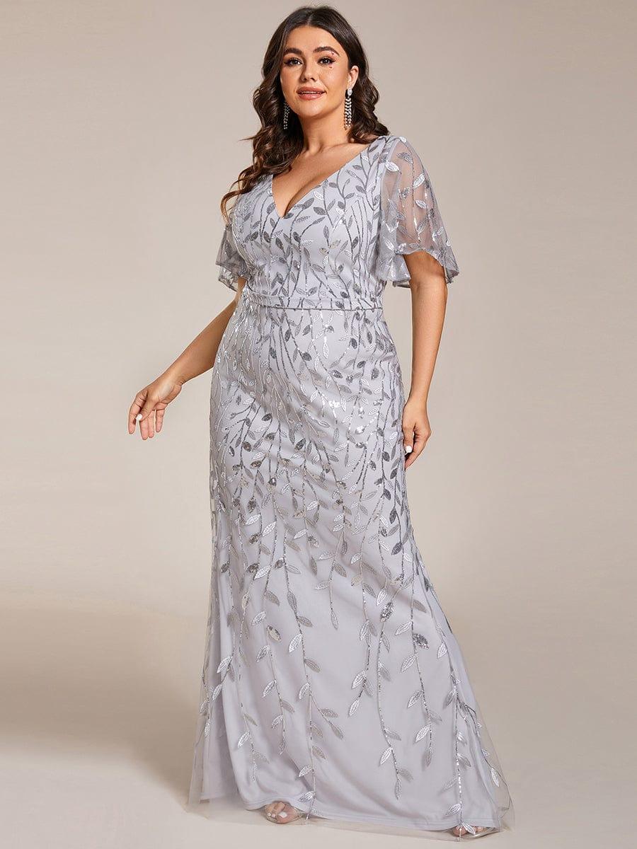 pretty DIONE|Fashion Plus Size V Neck Mermaid Sequin & Tulle Evening Dress