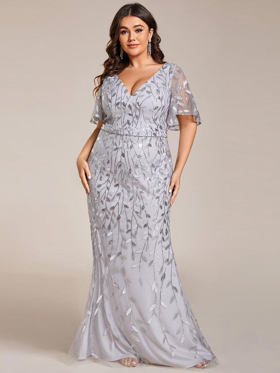 pretty DIONE|Fashion Plus Size V Neck Mermaid Sequin & Tulle Evening Dress