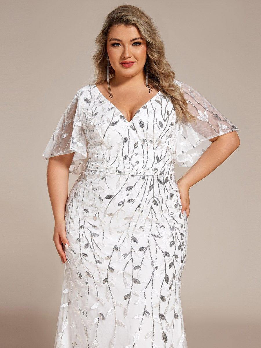 pretty DIONE|Fashion Plus Size V Neck Mermaid Sequin & Tulle Evening Dress