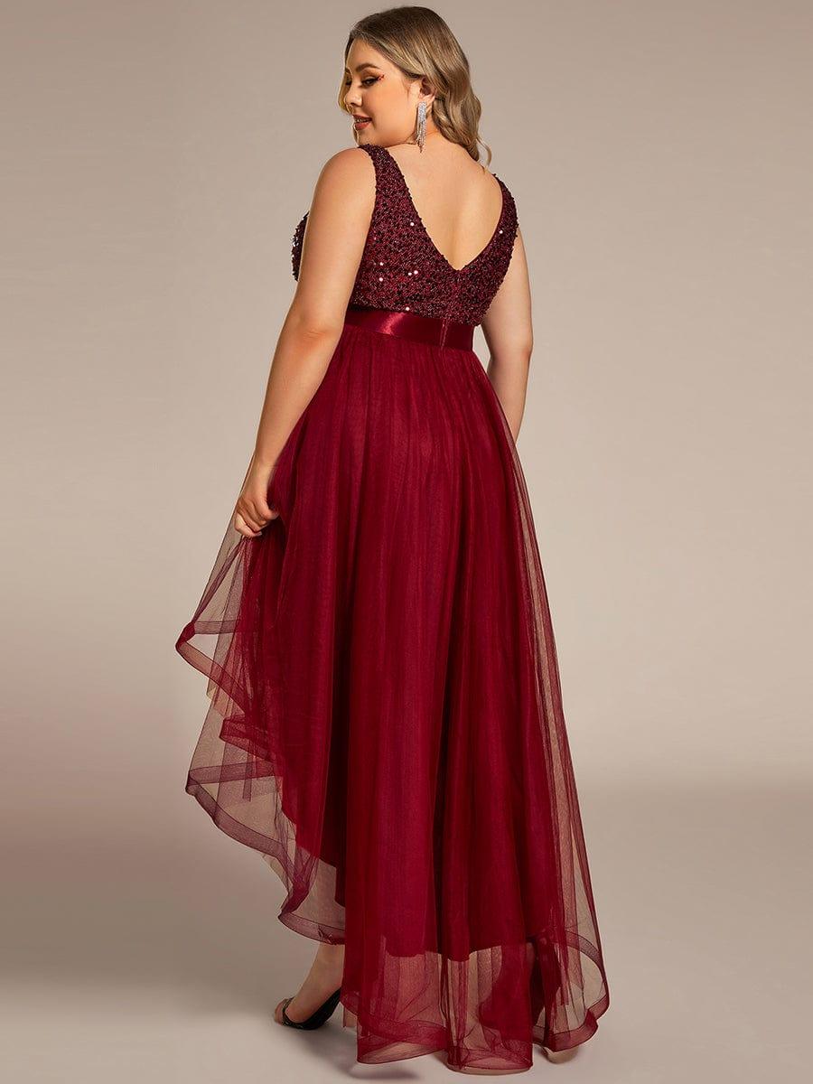 pretty CALLIE|Plus Size Sleeveless Sequin Ribbon Waist Tulle High Low Evening Dress