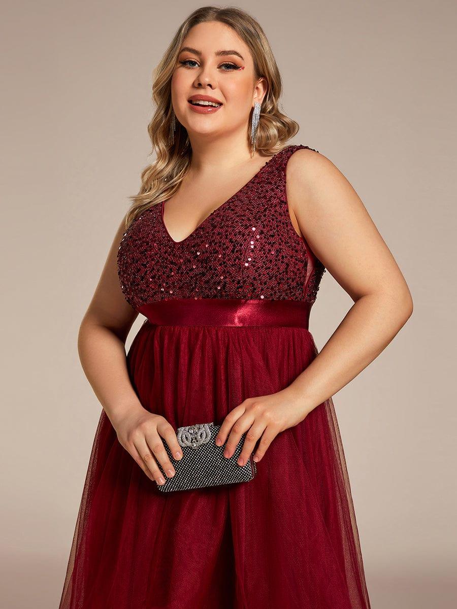 pretty CALLIE|Plus Size Sleeveless Sequin Ribbon Waist Tulle High Low Evening Dress