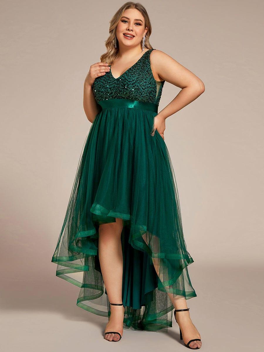 pretty CALLIE|Plus Size Sleeveless Sequin Ribbon Waist Tulle High Low Evening Dress