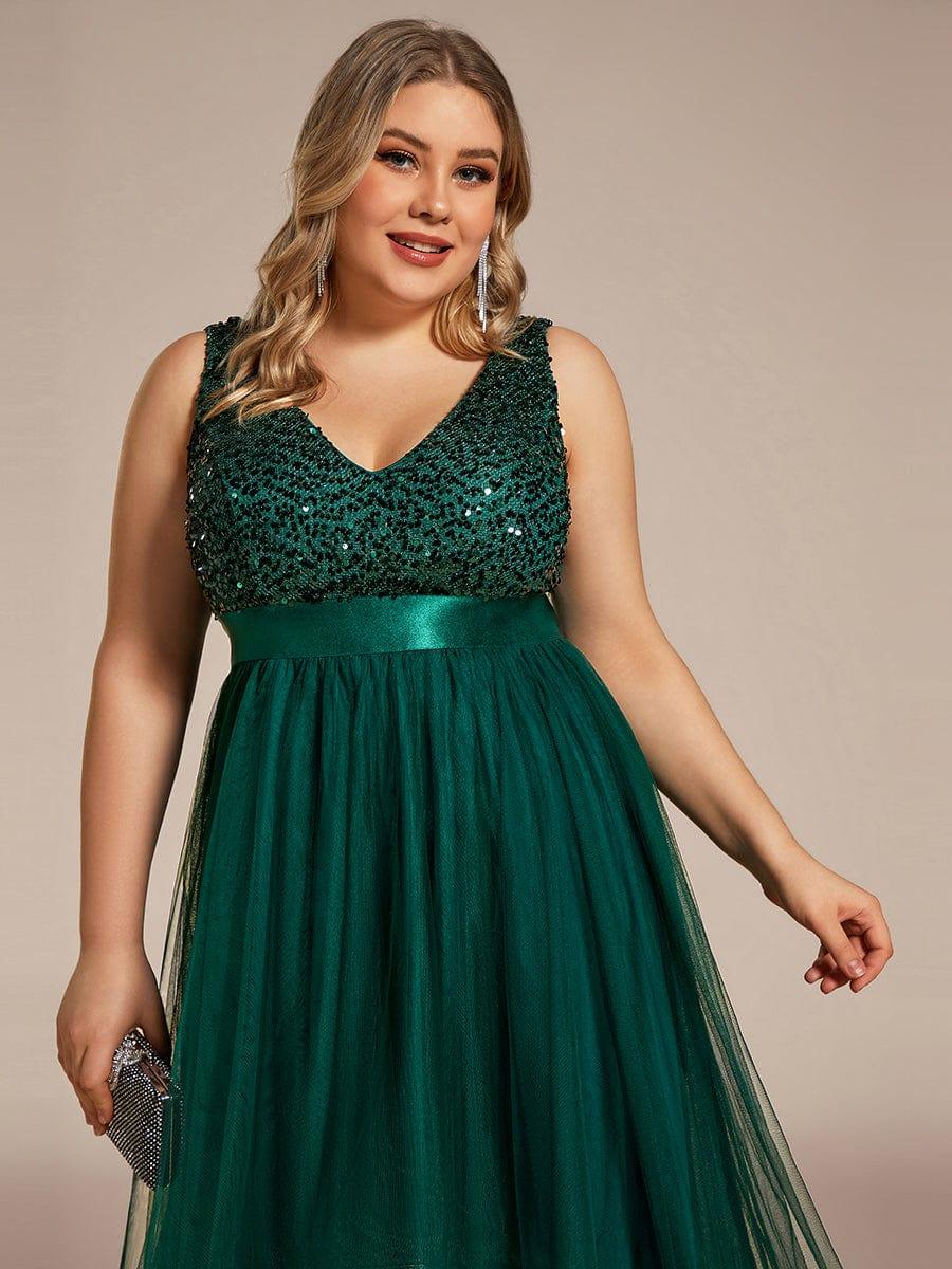 pretty CALLIE|Plus Size Sleeveless Sequin Ribbon Waist Tulle High Low Evening Dress
