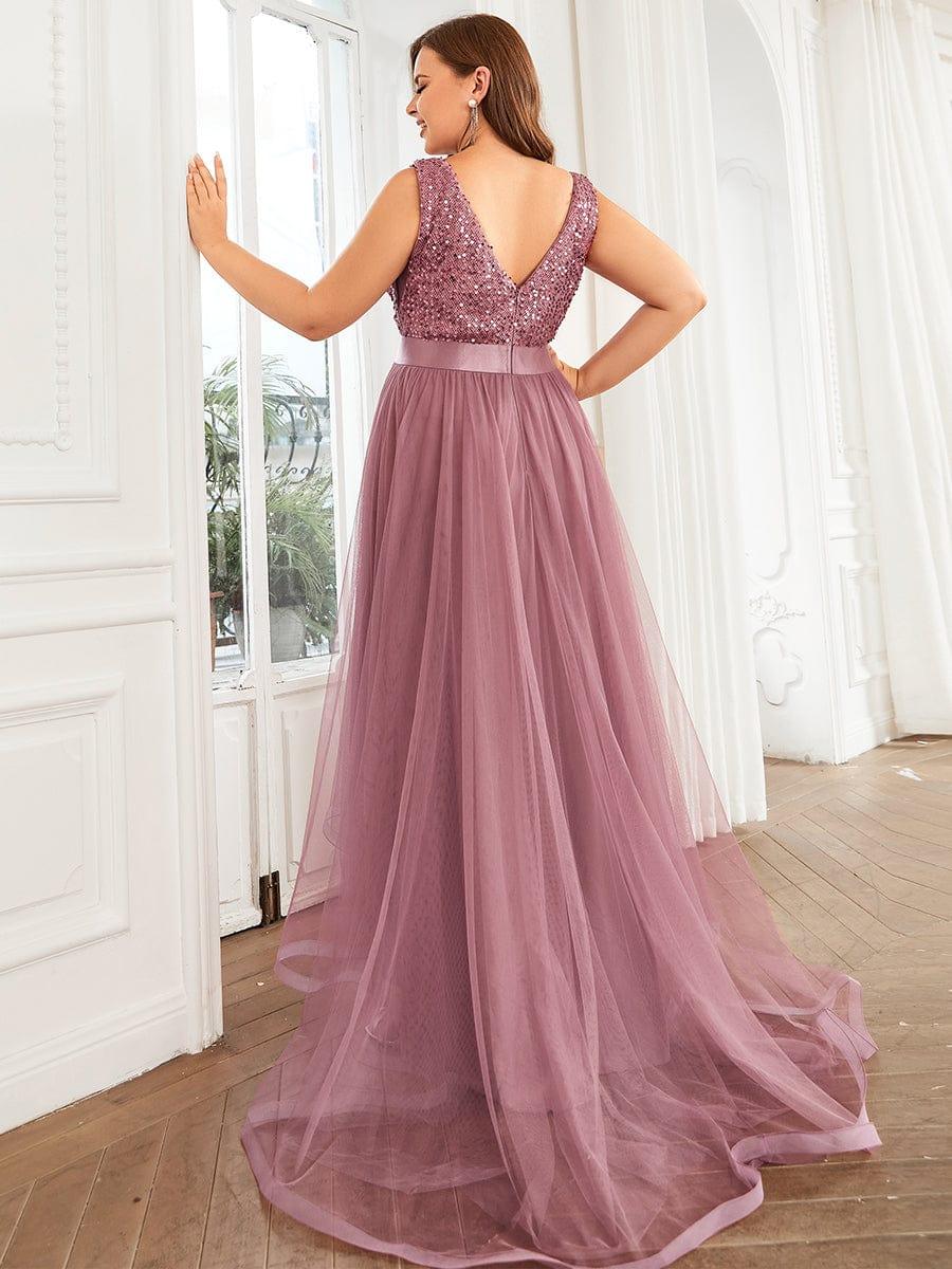 pretty CALLIE|Plus Size Sleeveless Sequin Ribbon Waist Tulle High Low Evening Dress