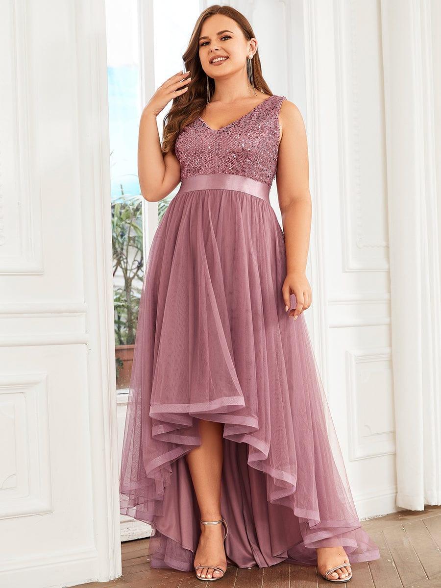 pretty CALLIE|Plus Size Sleeveless Sequin Ribbon Waist Tulle High Low Evening Dress