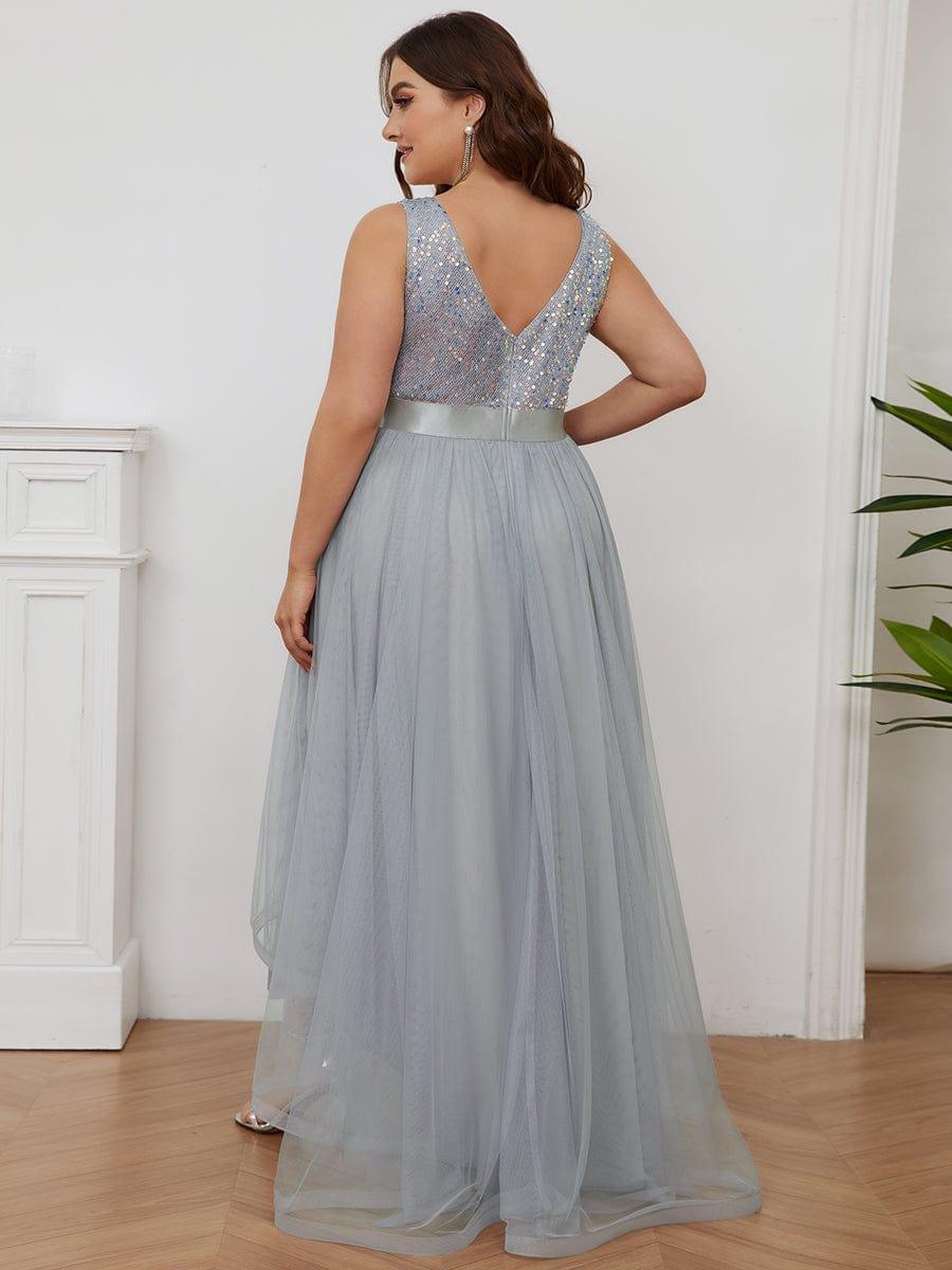 pretty CALLIE|Plus Size Sleeveless Sequin Ribbon Waist Tulle High Low Evening Dress