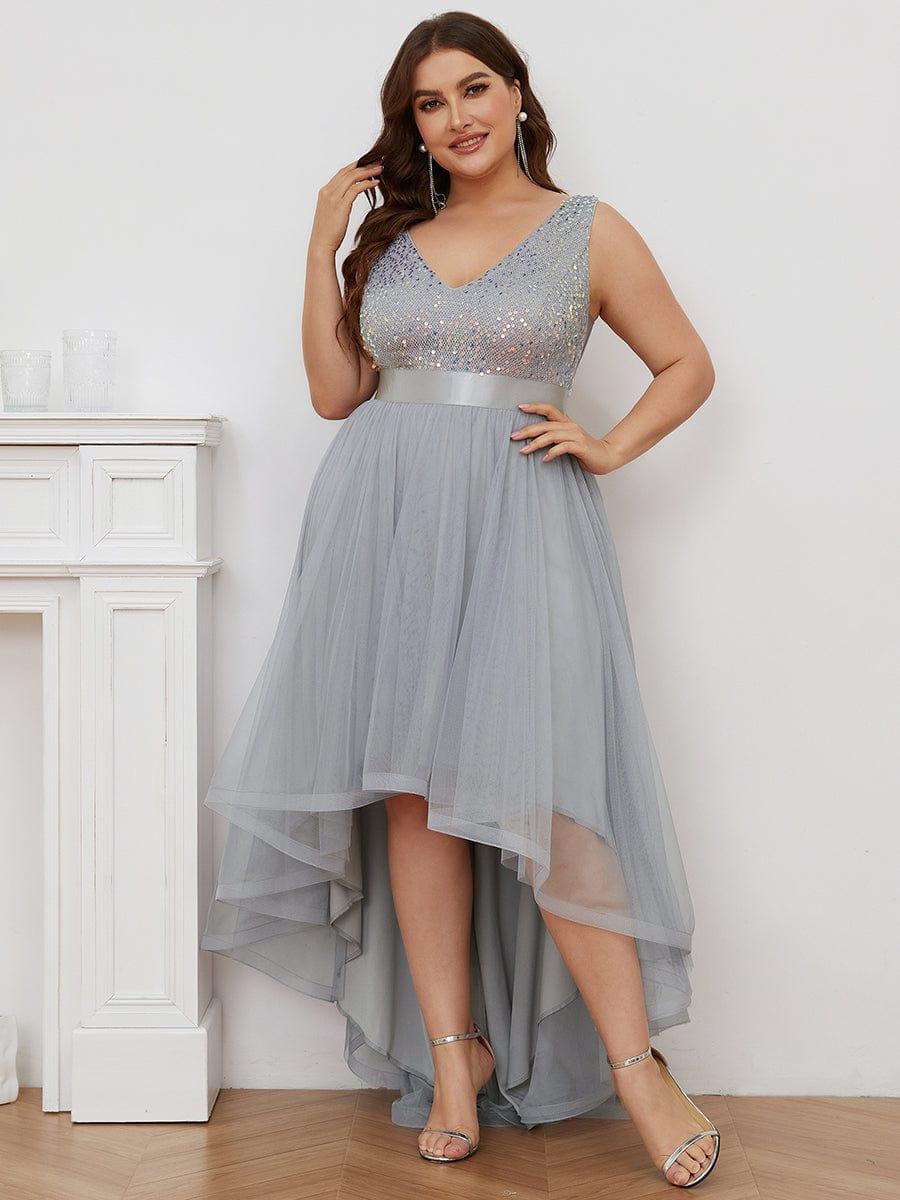 pretty CALLIE|Plus Size Sleeveless Sequin Ribbon Waist Tulle High Low Evening Dress