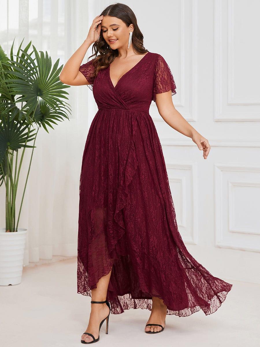 pretty ELISE|Plus Size Short Sleeve Ruffled V-Neck A-Line Lace Wedding Guest Dress