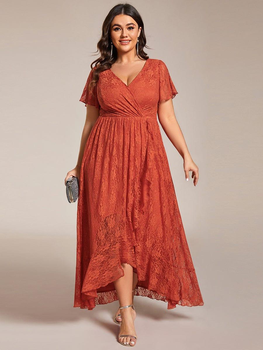 pretty ELISE|Plus Size Short Sleeve Ruffled V-Neck A-Line Lace Wedding Guest Dress