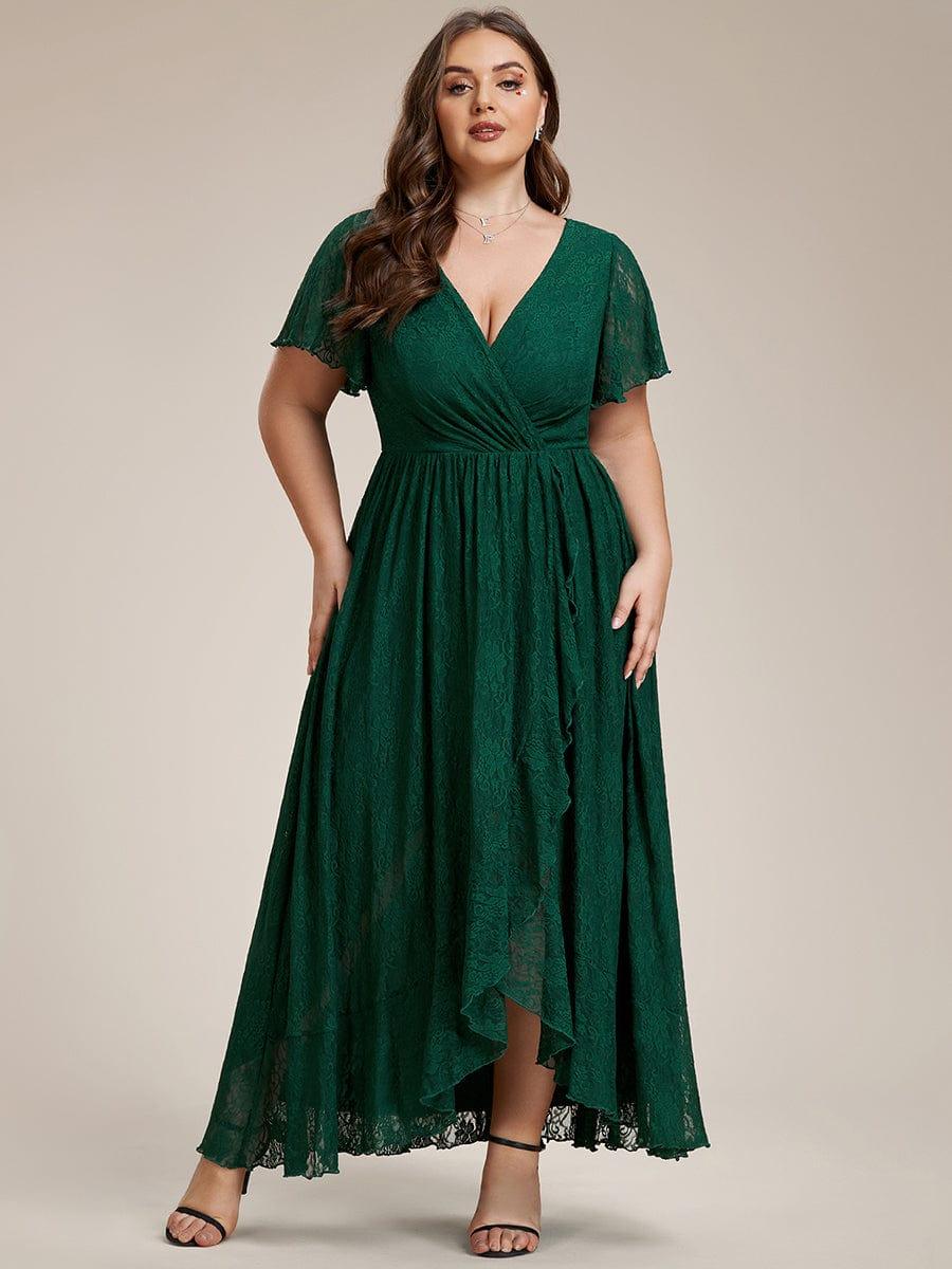 pretty ELISE|Plus Size Short Sleeve Ruffled V-Neck A-Line Lace Wedding Guest Dress