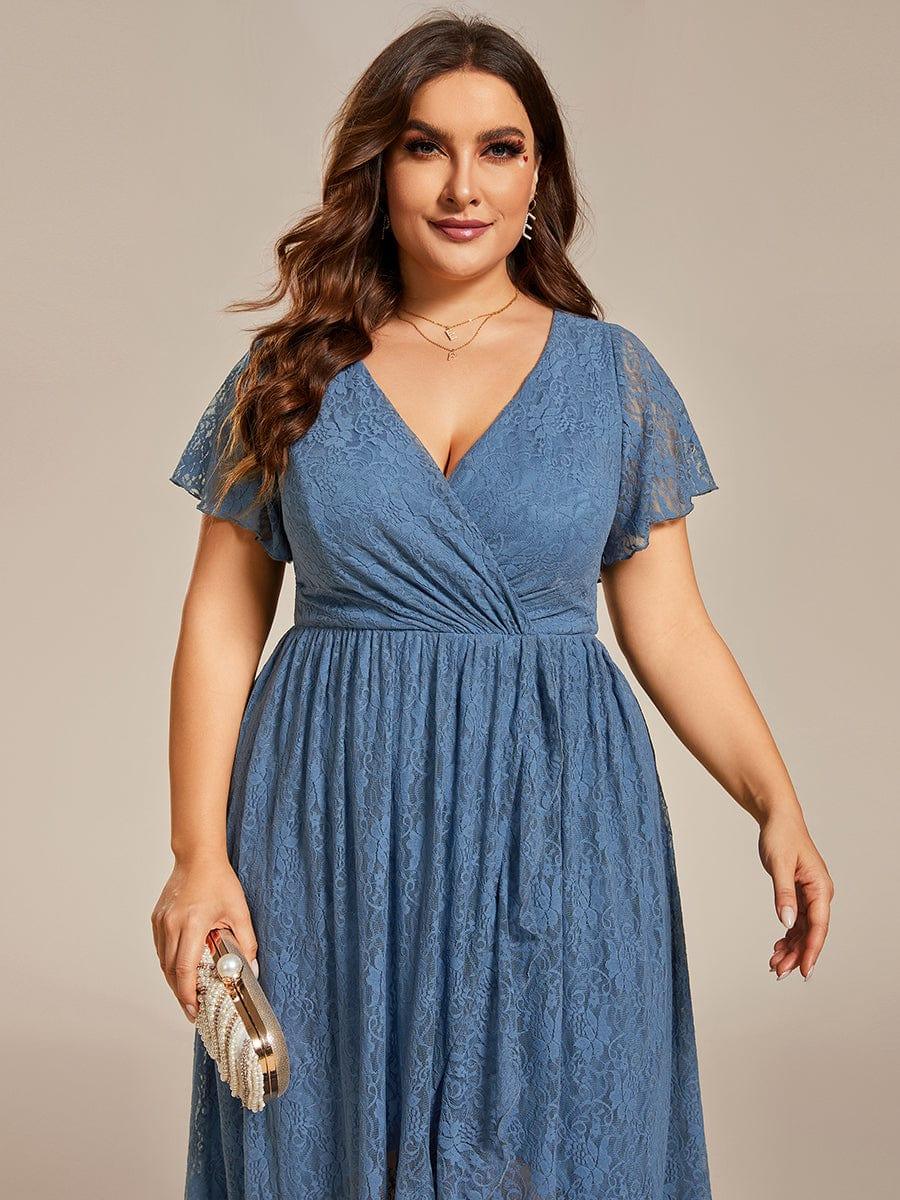 pretty ELISE|Plus Size Short Sleeve Ruffled V-Neck A-Line Lace Wedding Guest Dress