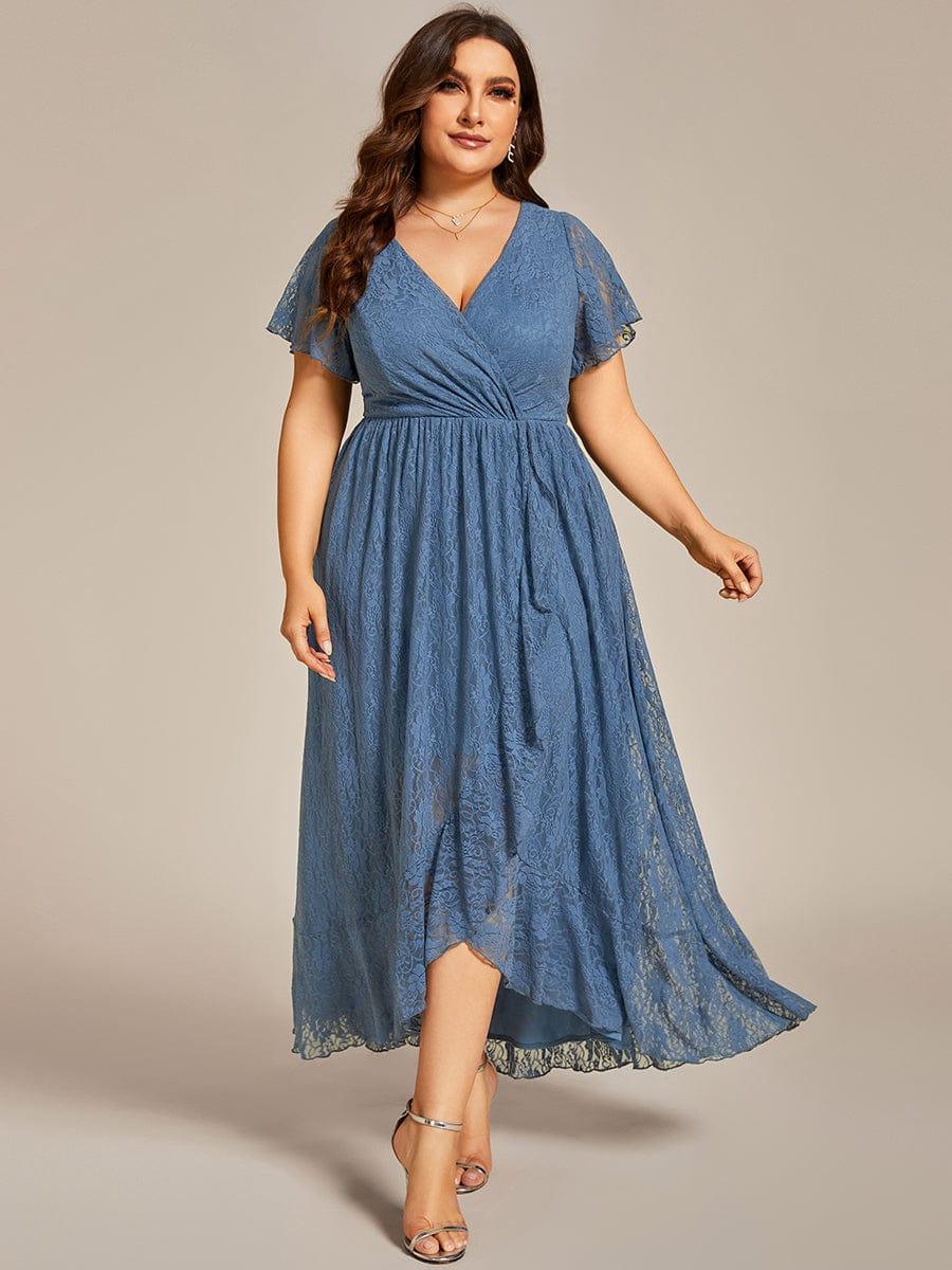pretty ELISE|Plus Size Short Sleeve Ruffled V-Neck A-Line Lace Wedding Guest Dress