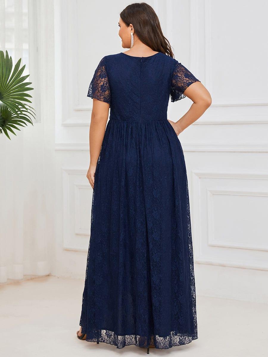 pretty ELISE|Plus Size Short Sleeve Ruffled V-Neck A-Line Lace Wedding Guest Dress