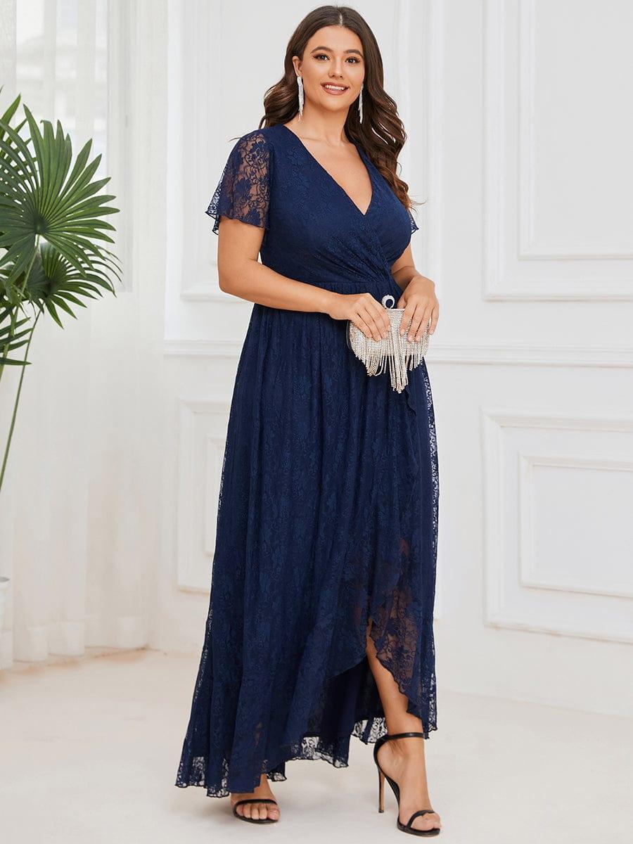 pretty ELISE|Plus Size Short Sleeve Ruffled V-Neck A-Line Lace Wedding Guest Dress