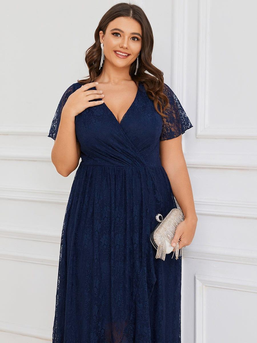 pretty ELISE|Plus Size Short Sleeve Ruffled V-Neck A-Line Lace Wedding Guest Dress