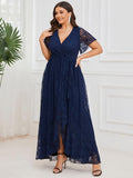 pretty ELISE|Plus Size Short Sleeve Ruffled V-Neck A-Line Lace Wedding Guest Dress