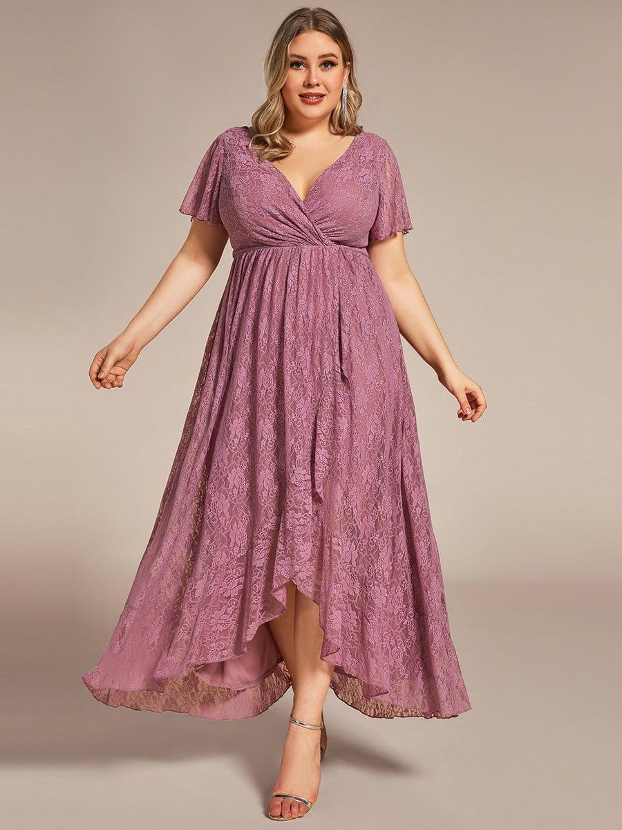 pretty ELISE|Plus Size Short Sleeve Ruffled V-Neck A-Line Lace Wedding Guest Dress