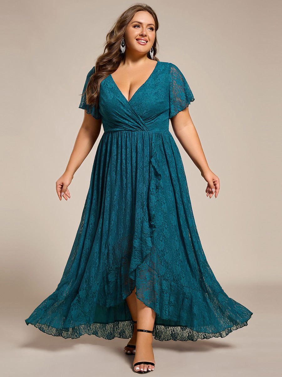 pretty ELISE|Plus Size Short Sleeve Ruffled V-Neck A-Line Lace Wedding Guest Dress