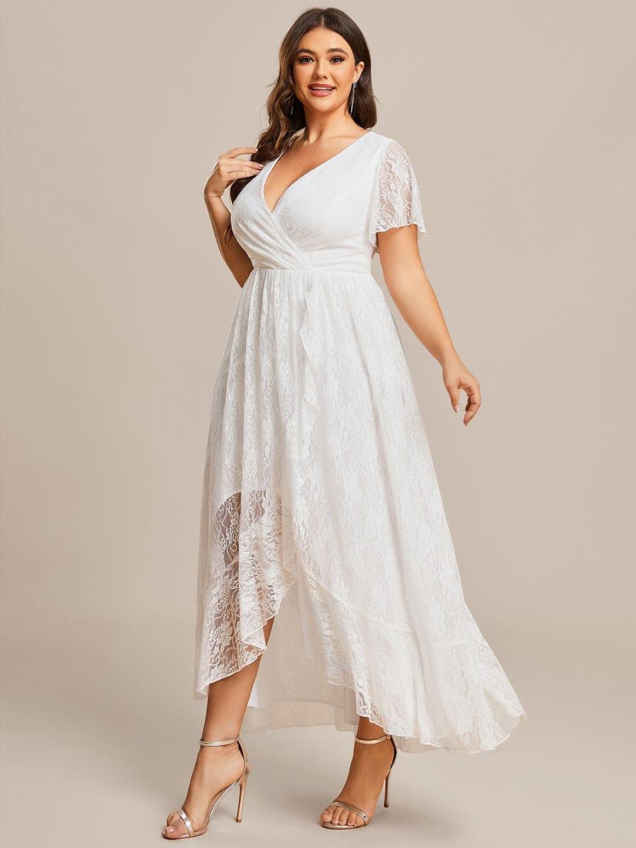 pretty ELISE|Plus Size Short Sleeve Ruffled V-Neck A-Line Lace Wedding Guest Dress