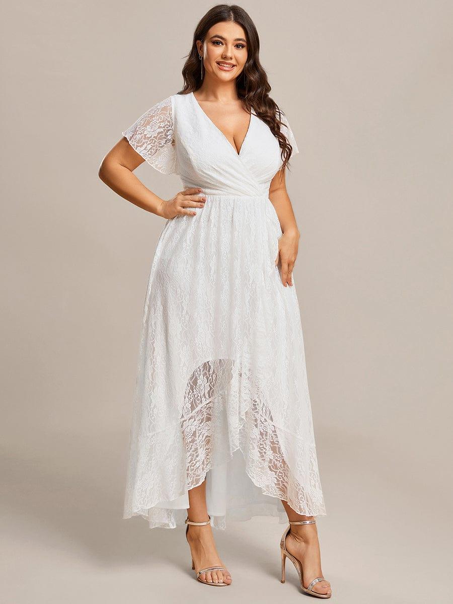 pretty ELISE|Plus Size Short Sleeve Ruffled V-Neck A-Line Lace Wedding Guest Dress