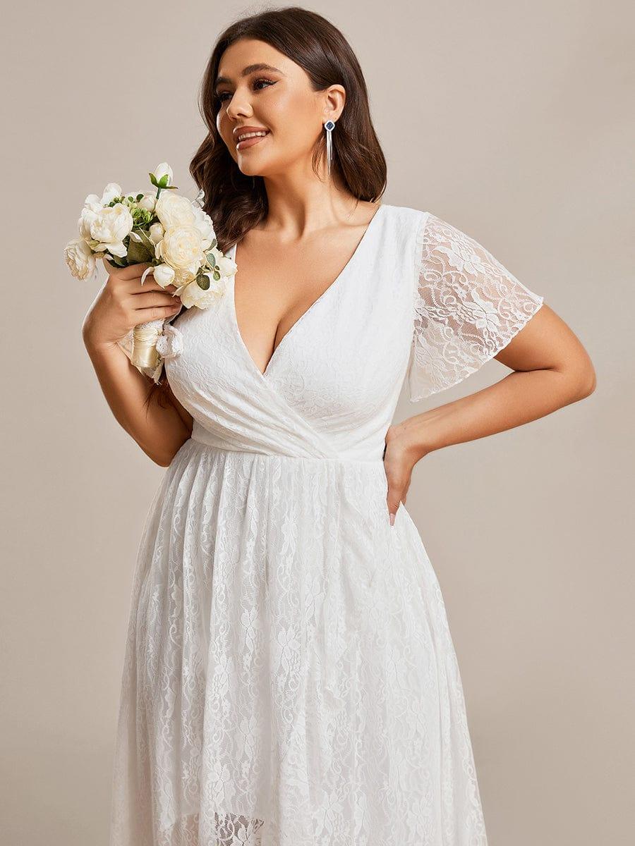 pretty ELISE|Plus Size Short Sleeve Ruffled V-Neck A-Line Lace Wedding Guest Dress