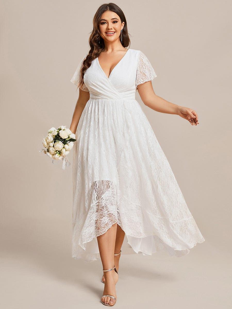 pretty ELISE|Plus Size Short Sleeve Ruffled V-Neck A-Line Lace Wedding Guest Dress