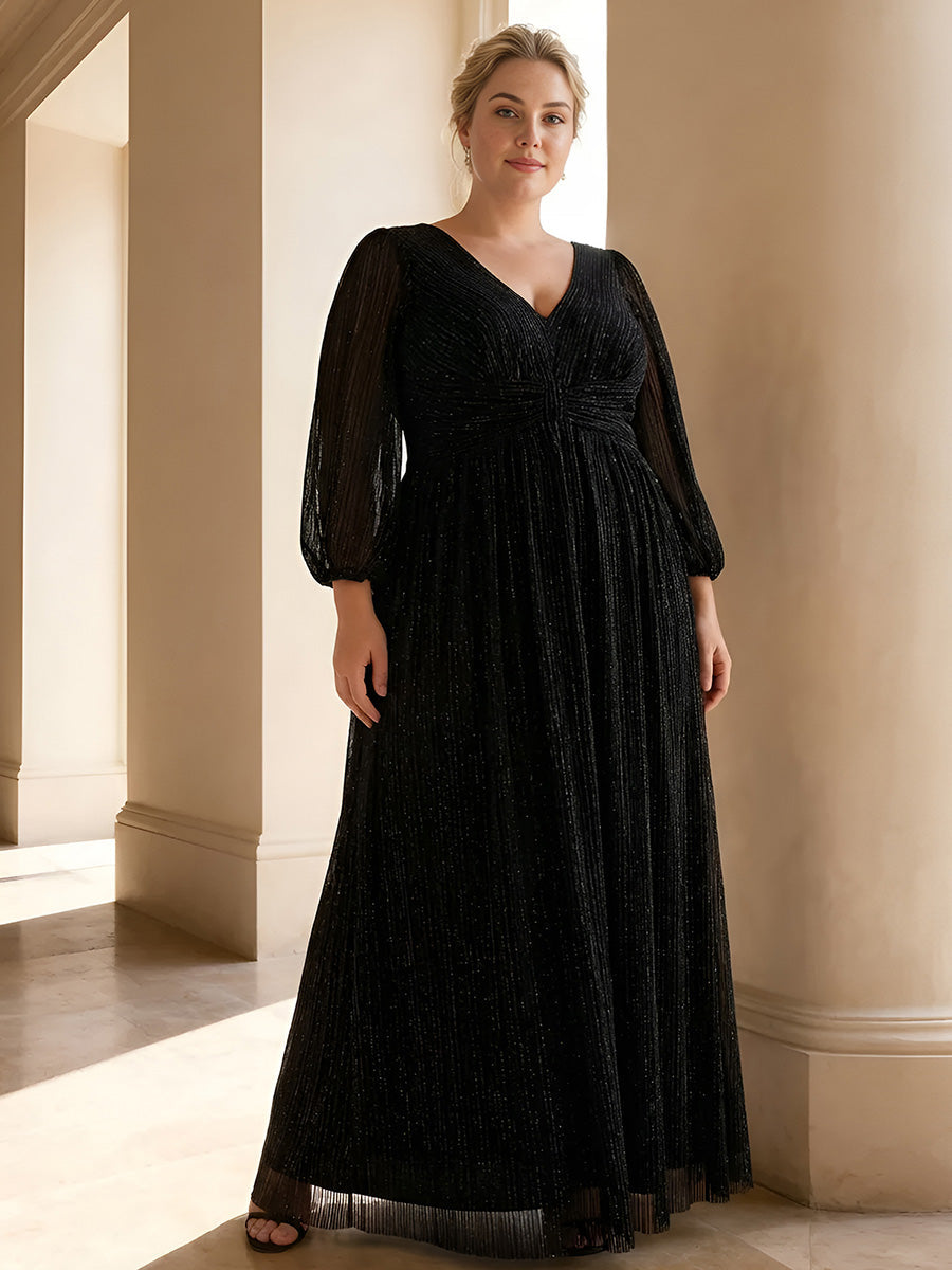 pretty BRYM|Plus Size Dazzling Empire Waist See-Through Long Sleeves A-Line Evening Dress