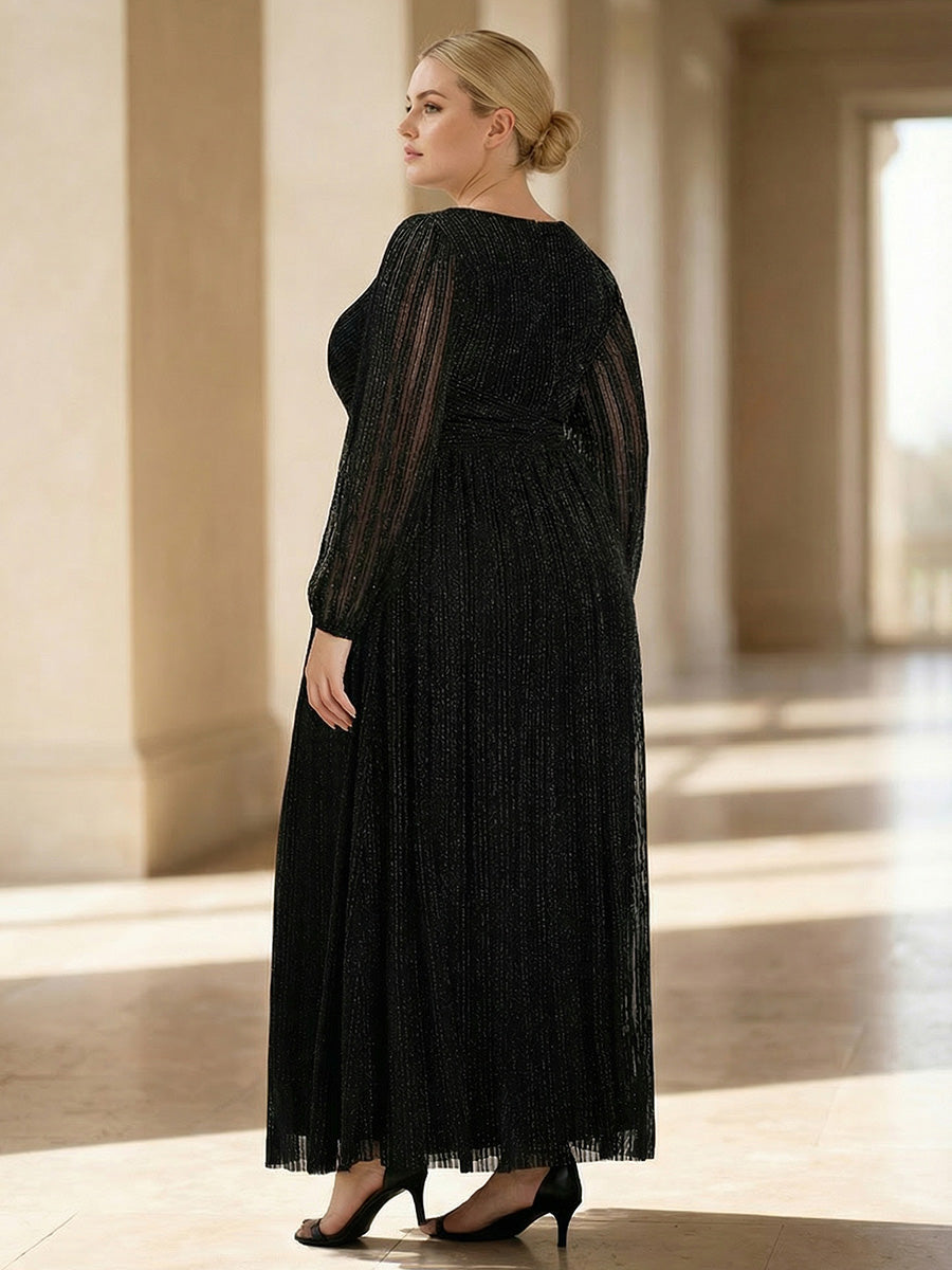 pretty BRYM|Plus Size Dazzling Empire Waist See-Through Long Sleeves A-Line Evening Dress