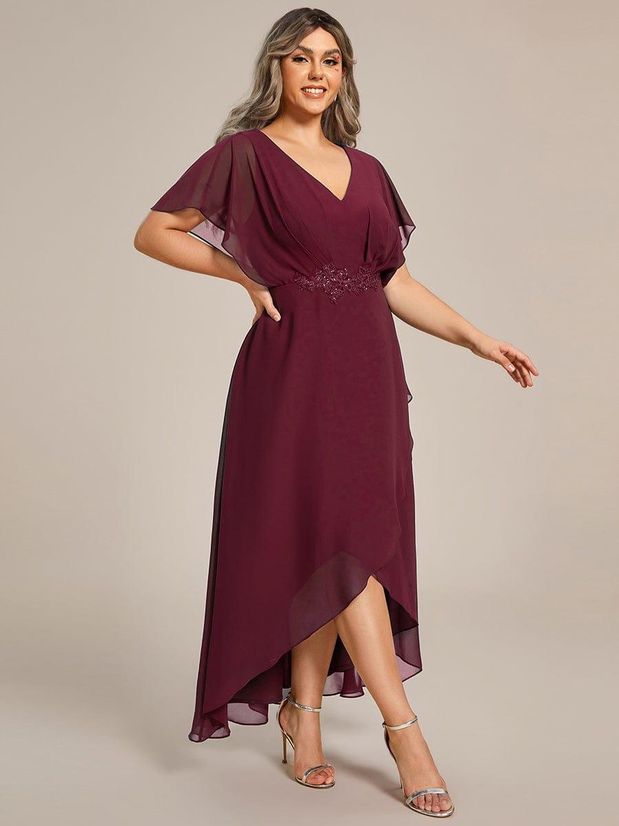 pretty LILAS|Plus Size V-Neck Chiffon Bat-Wing Sleeve A-Line Waist Applique Formal Dress