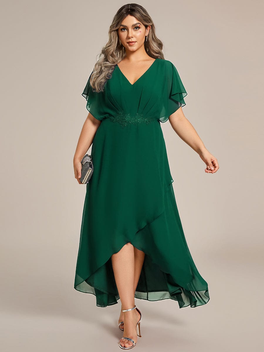 pretty LILAS|Plus Size V-Neck Chiffon Bat-Wing Sleeve A-Line Waist Applique Formal Dress