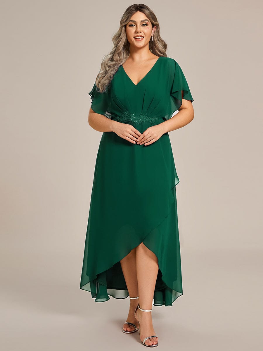 pretty LILAS|Plus Size V-Neck Chiffon Bat-Wing Sleeve A-Line Waist Applique Formal Dress