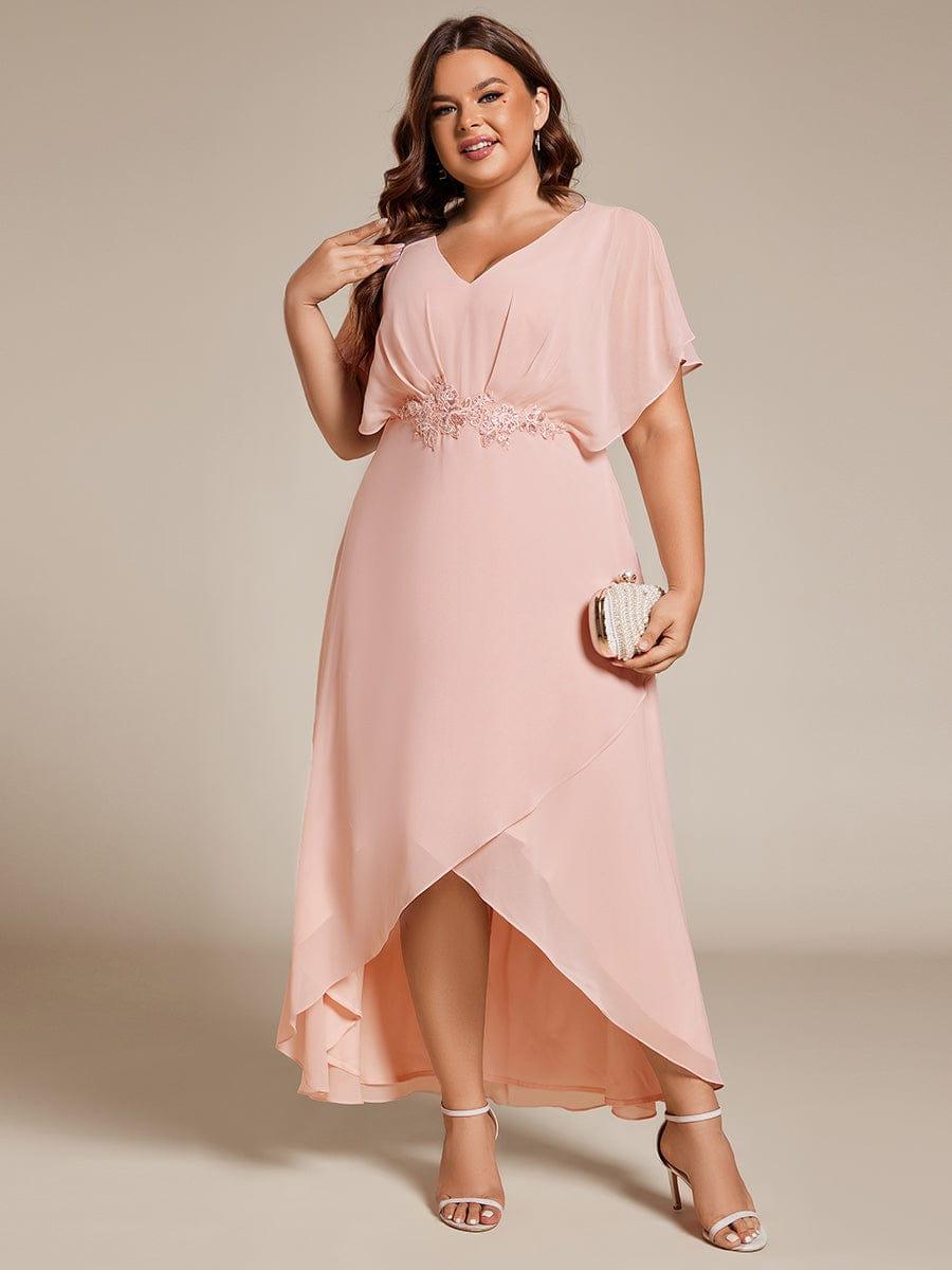pretty LILAS|Plus Size V-Neck Chiffon Bat-Wing Sleeve A-Line Waist Applique Formal Dress