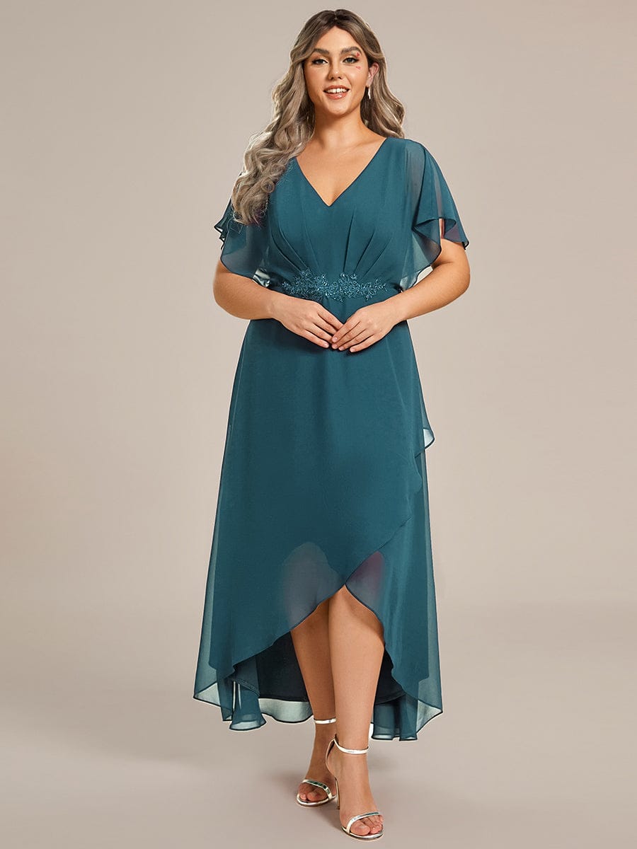 pretty LILAS|Plus Size V-Neck Chiffon Bat-Wing Sleeve A-Line Waist Applique Formal Dress