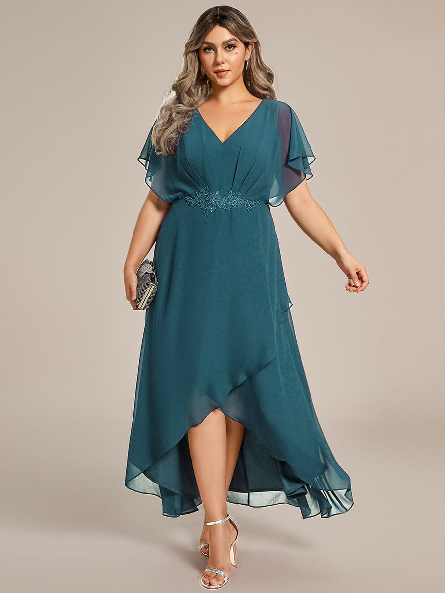 pretty LILAS|Plus Size V-Neck Chiffon Bat-Wing Sleeve A-Line Waist Applique Formal Dress