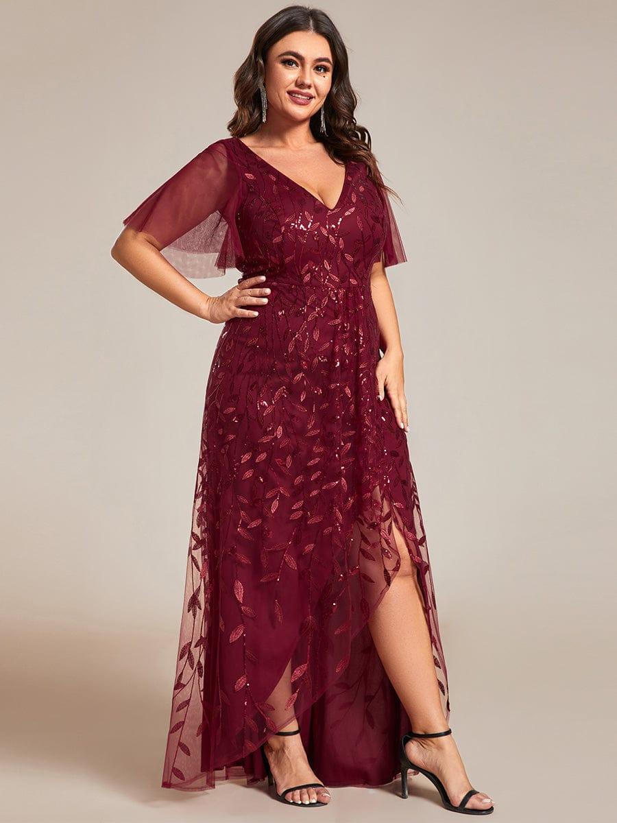 pretty ALIX|Plus Size Short Sleeves Sequin High Low V-Neck Midi Formal Evening Dress