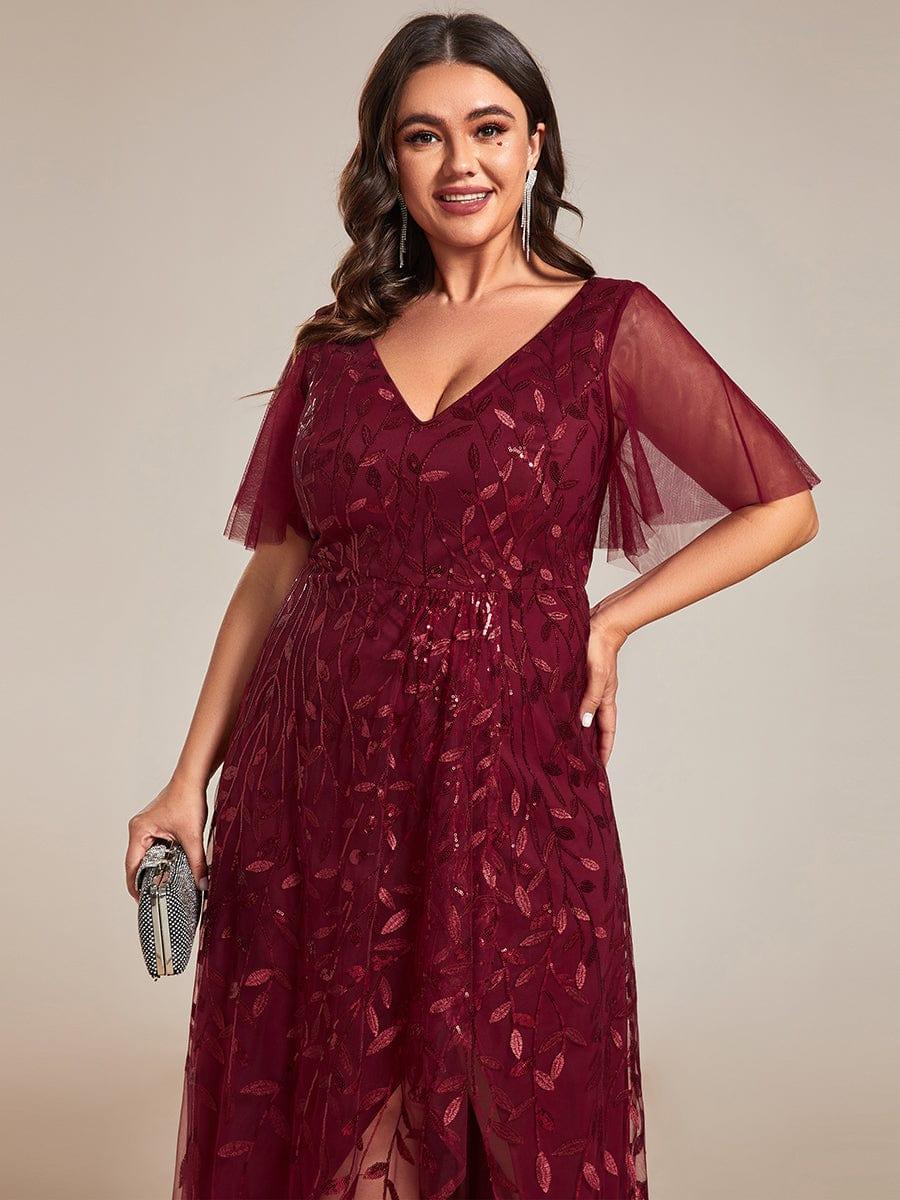 pretty ALIX|Plus Size Short Sleeves Sequin High Low V-Neck Midi Formal Evening Dress