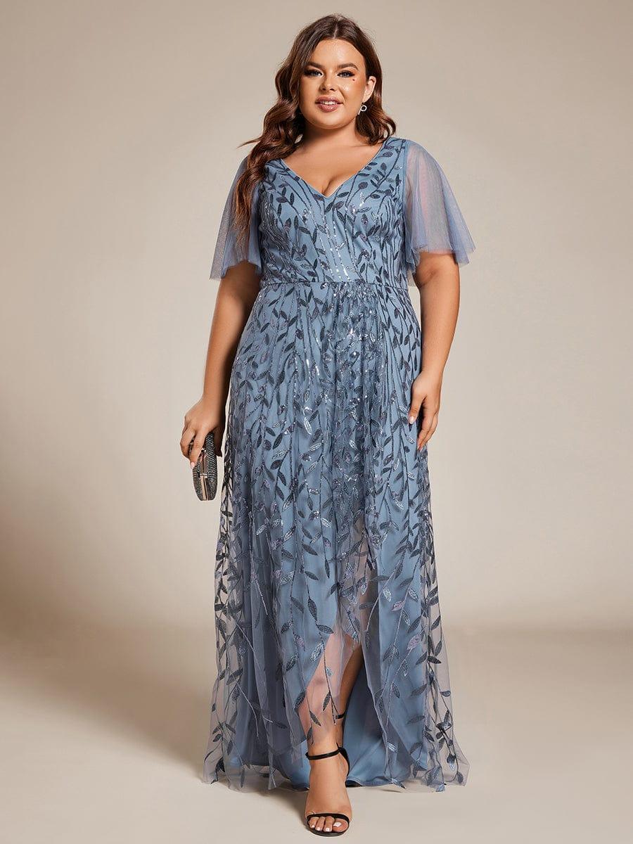 pretty ALIX|Plus Size Short Sleeves Sequin High Low V-Neck Midi Formal Evening Dress